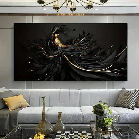 Bird & Black Golden Abstract Wall Art Canvas Office Home Room Framed 120x60cm