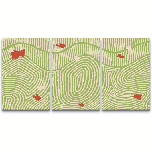 3pcs Geometric Green Spirals & Red Flakes Abstract Metal Print Ready to Hang Art