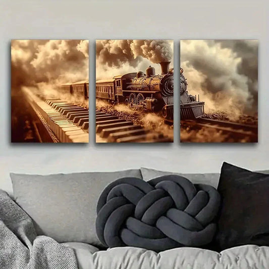 3pcs Old piano steam train Art Painting Metal Print Ready to Hang Art