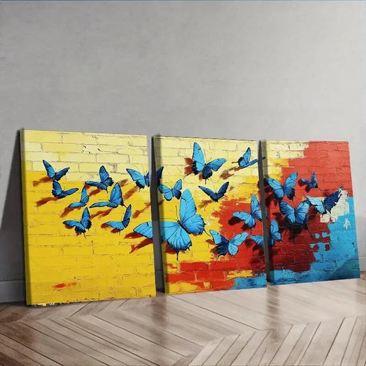 3pcs Vibrant Blue Butterflies Colorful Sweet Wall Art Set Canvas Framed 40x60cm - High Quality Print 100% Australian Made Wall Canvas Ready to Hang