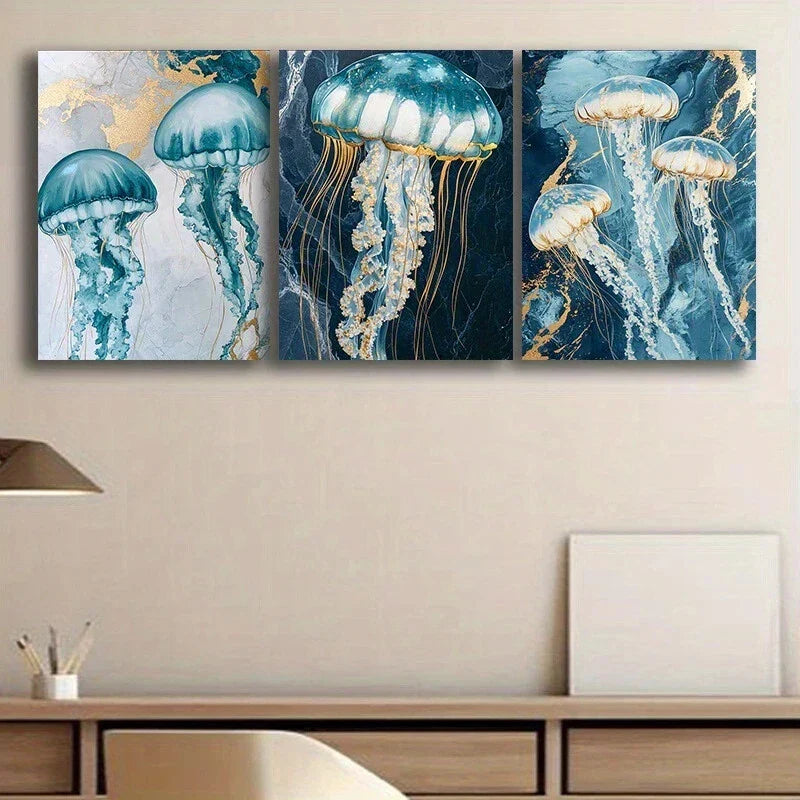 3pcs Beautiful Painting jellyfish Metal Print Ready to Hang Art