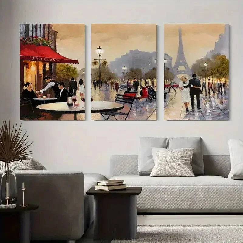 3pcs Eiffel Tower & Romantic Street Scene Metal Print Ready to Hang Art