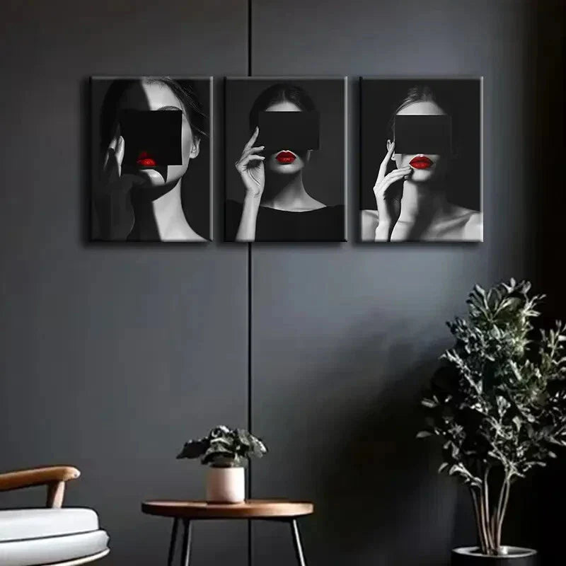 3pcs Modern Black and White Woman with Red Wall Art Set Canvas Framed 40x60cm - High Quality Print 100% Australian Made Wall Canvas Ready to Hang