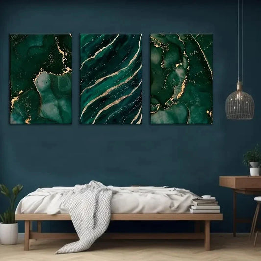 3pcs Green and Golden Abstract Marble Metal Print Ready to Hang Art