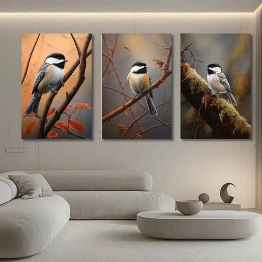3pcs Woodpecker Rustic Bird Brown Leaves Branches Metal Print Ready to Hang Art