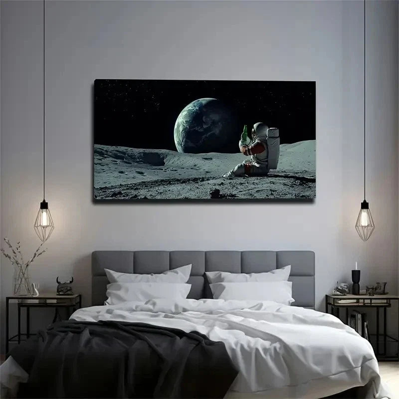 Astronaut & Earth On The Moon Wall Art Canvas Office Home Room Framed 80x45cm