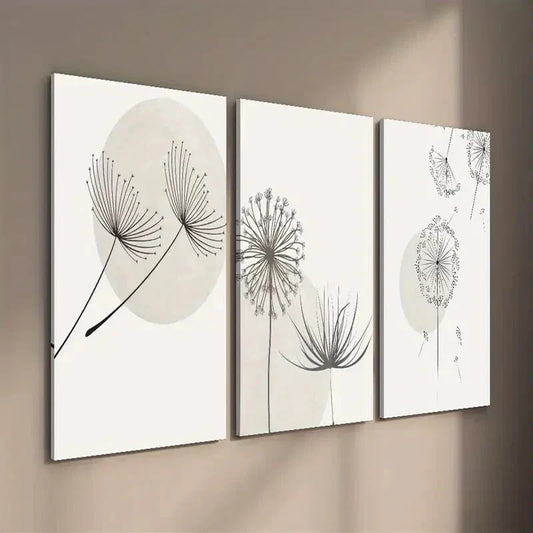 3pcs Black and White Dandelion Botanical Flower Wall Art Set Canvas Framed 40x60cm - High Quality Print 100% Australian Made Wall Canvas Ready to Hang