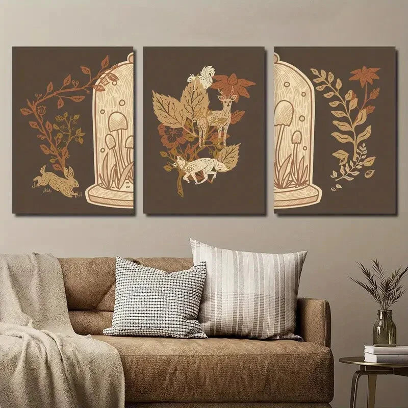 3pcs Earthy Brown Plant Leaves Illustration Wall Art Set Canvas Framed 40x60cm - High Quality Print 100% Australian Made Wall Canvas Ready to Hang