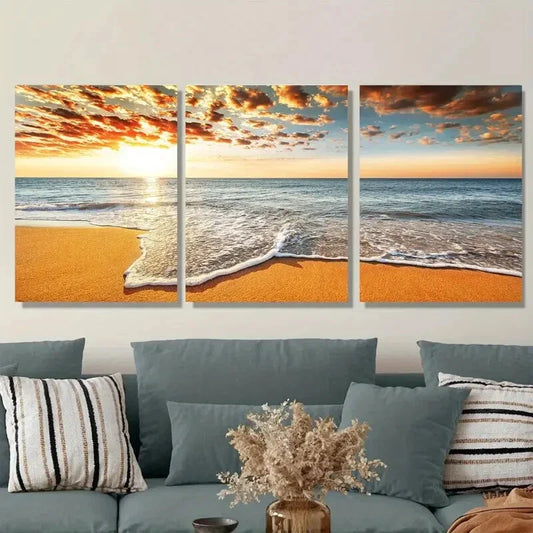 3pcs Beach Sunset Vibrant Sunset Painting Wall Art Set Canvas Framed 40x60cm - High Quality Print 100% Australian Made Wall Canvas Ready to Hang