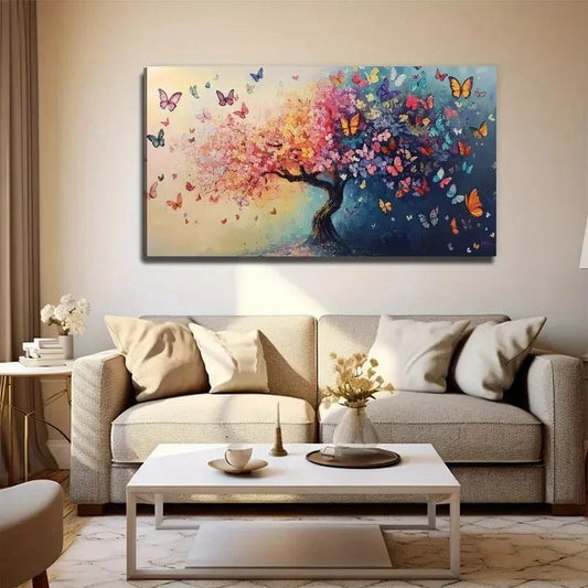 Big Tree Flowers Butterflies Wall Art Canvas Office Home Room Framed 120x60cm