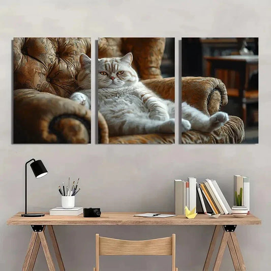3pcs Whimsical Fat Cat on Plush Chair Metal Print Ready to Hang Art