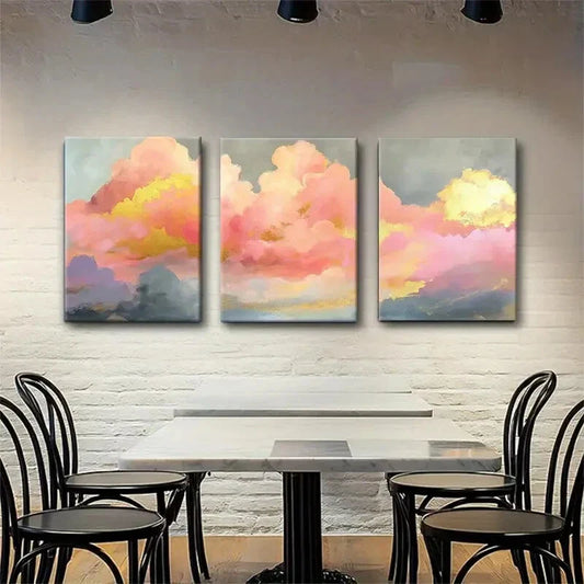 3pcs Abstract Cloud Landscape Pink Gold Perfect Wall Art Set Canvas Framed 40x60cm - High Quality Print 100% Australian Made Wall Canvas Ready to Hang