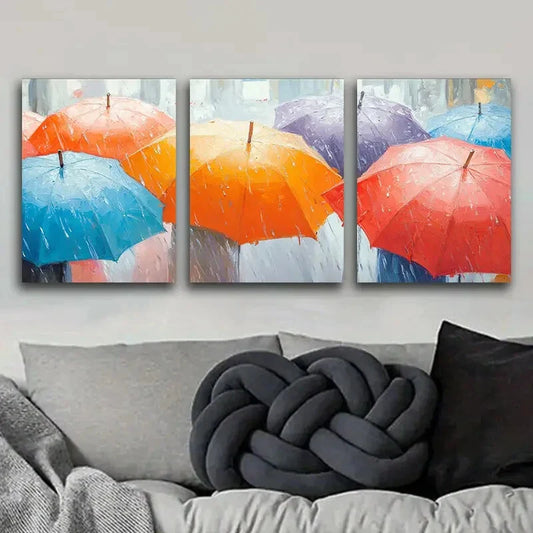 3pcs A Painting of Umbrellas in the Rain Wall Art Set Canvas Framed 40x60cm - High Quality Print 100% Australian Made Wall Canvas Ready to Hang
