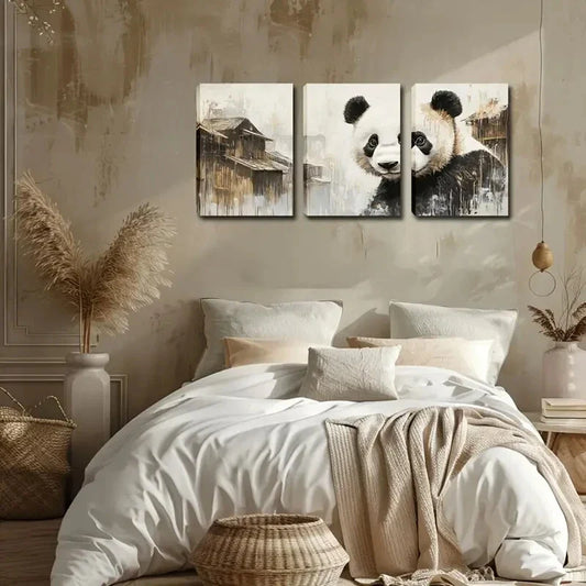 3pcs Charming Panda Traditional Building Perfect Wall Art Set Canvas Framed 40x60cm - High Quality Print 100% Australian Made Wall Canvas Ready to Hang