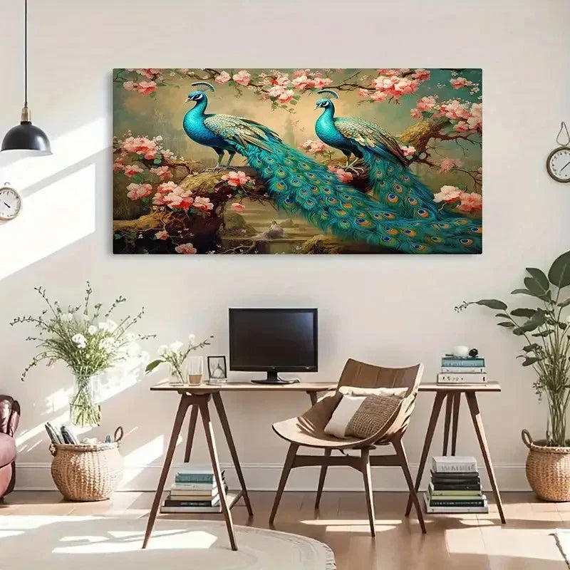 Stunning Blue Peacock & Peach Wall Art Canvas Office Home Room Framed 120x60cm