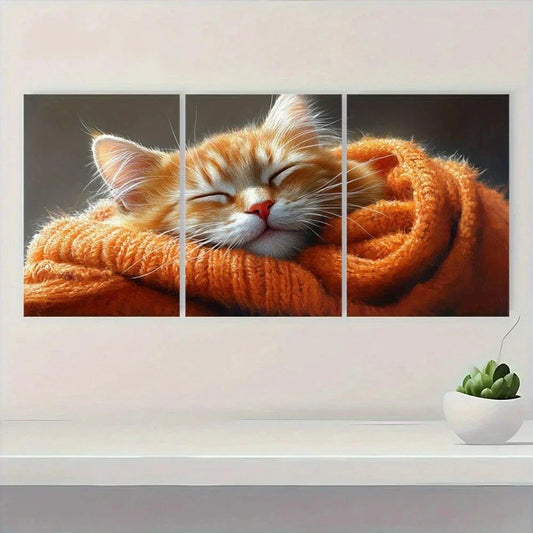 3pcs Cozy Ginger Cat Blanket Design Metal Print Ready to Hang Art