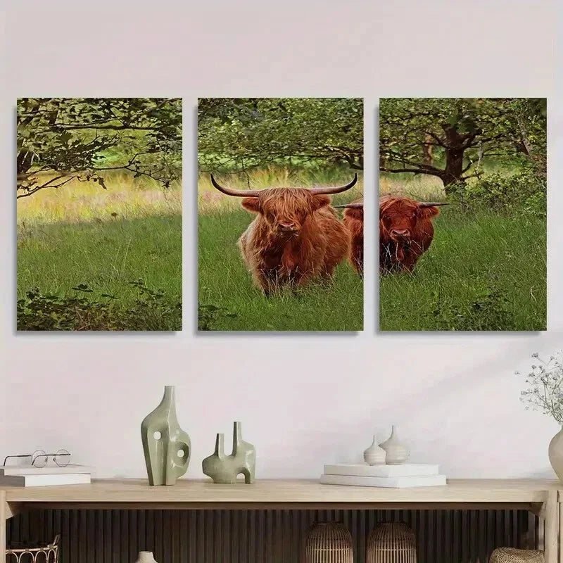 3pcs Brown Cow and Green Field Rural Farm Metal Print Ready to Hang Art