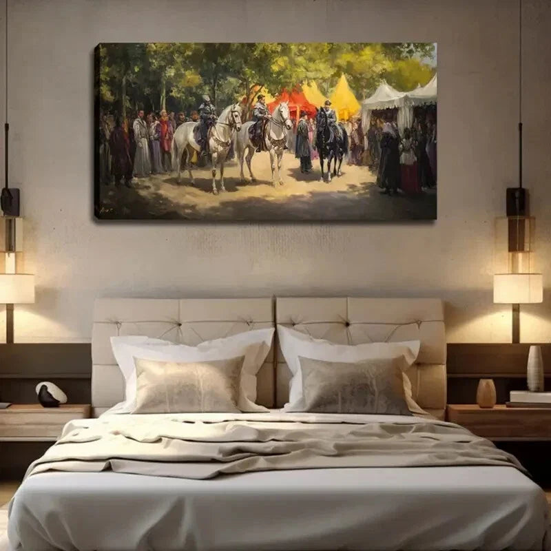 Equestrian Scene with Ornate Wall Art Canvas Office Home Room Framed 120x60cm