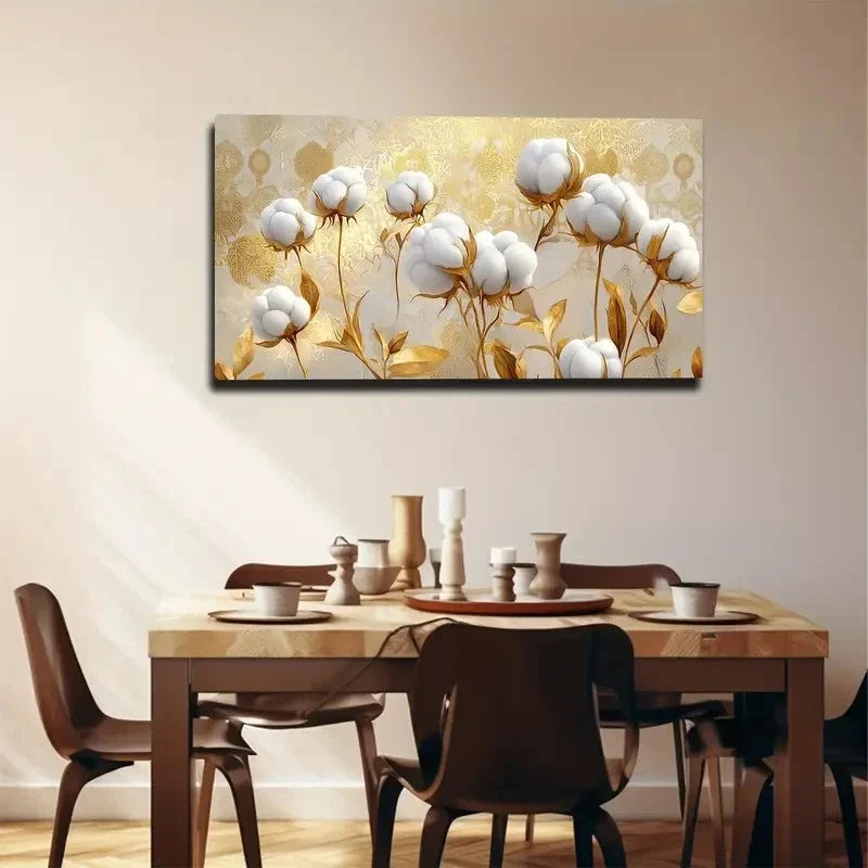 Golden Floral Botanical Wall Art canvas office home room framed 120x60cm