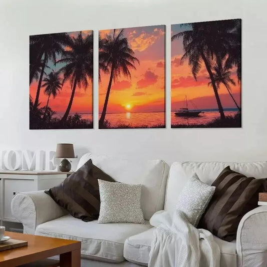 3pcs Silhouette Coconut Palm Trees on Beach Wall Art Set Canvas Framed 40x60cm - High Quality Print 100% Australian Made Wall Canvas Ready to Hang