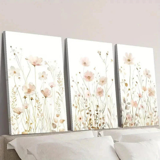 3pcs Soft Pink And Golden Wildflowers Wall Art Set Canvas Framed 40x60cm - High Quality Print 100% Australian Made Wall Canvas Ready to Hang