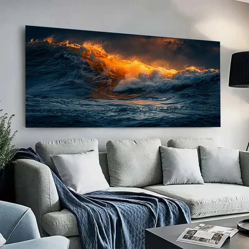 Ocean Wave Sunset Vibrant Wall Art Canvas Office Home Room Framed 80x45cm