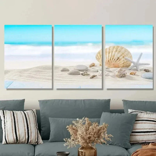 3pcs Ocean with Seashells And Sand Beach Scene Wall Art Set Canvas Framed 40x60cm - High Quality Print 100% Australian Made Wall Canvas Ready to Hang