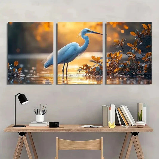 3pcs Quiet Egret Painting Crane On River Metal Print Ready to Hang Art