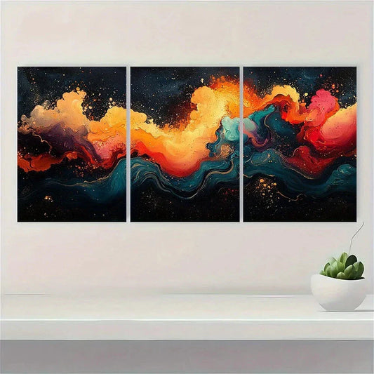 3pcs Abstract Colourful Painting Golden Blue Red Metal Print Ready to Hang Art