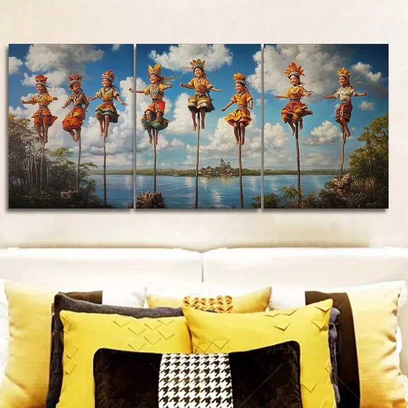 3pcs Women Walk On Stilts Traditional Nature Wall Art Set Canvas Framed 40x60cm - High Quality Print 100% Australian Made Wall Canvas Ready to Hang