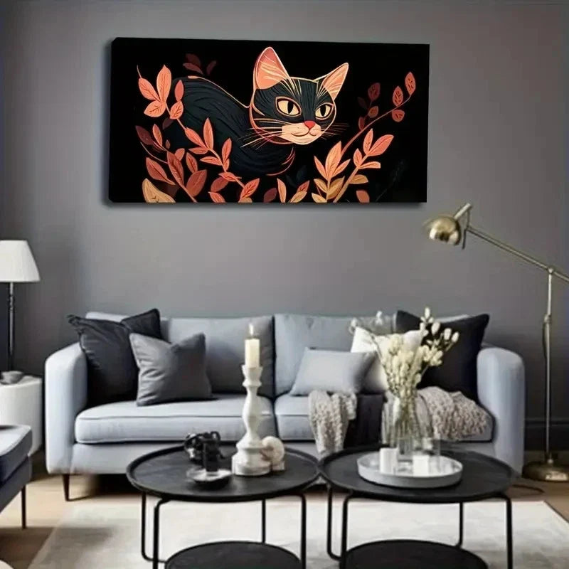 Abstract Black Cat & Orange Wall Art Canvas Office Home Room Framed 120x60cm
