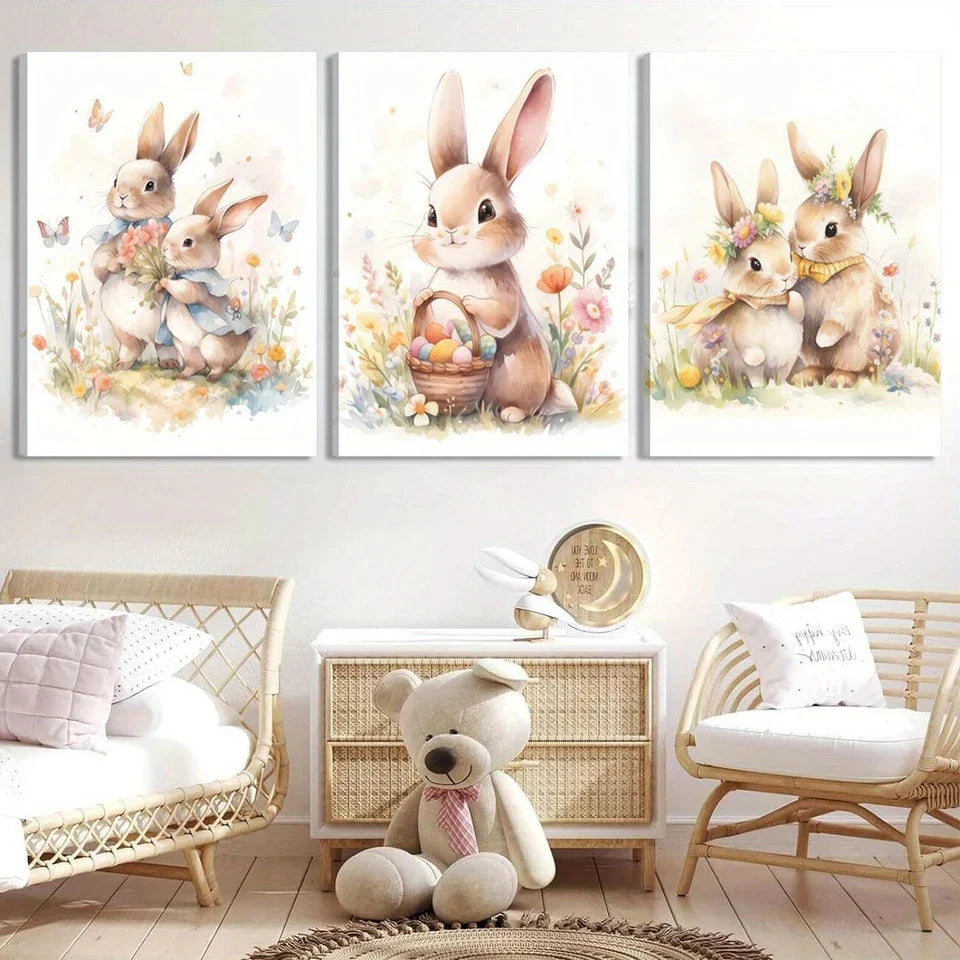 3pcs Cutest Bunnies Holding Bags On Hand Metal Print Ready to Hang Art