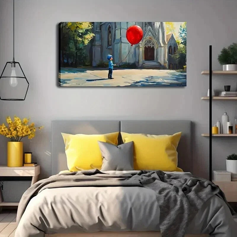 Cute Child with Red Balloon Wall Art Canvas Office Home Room Framed 80x45cm