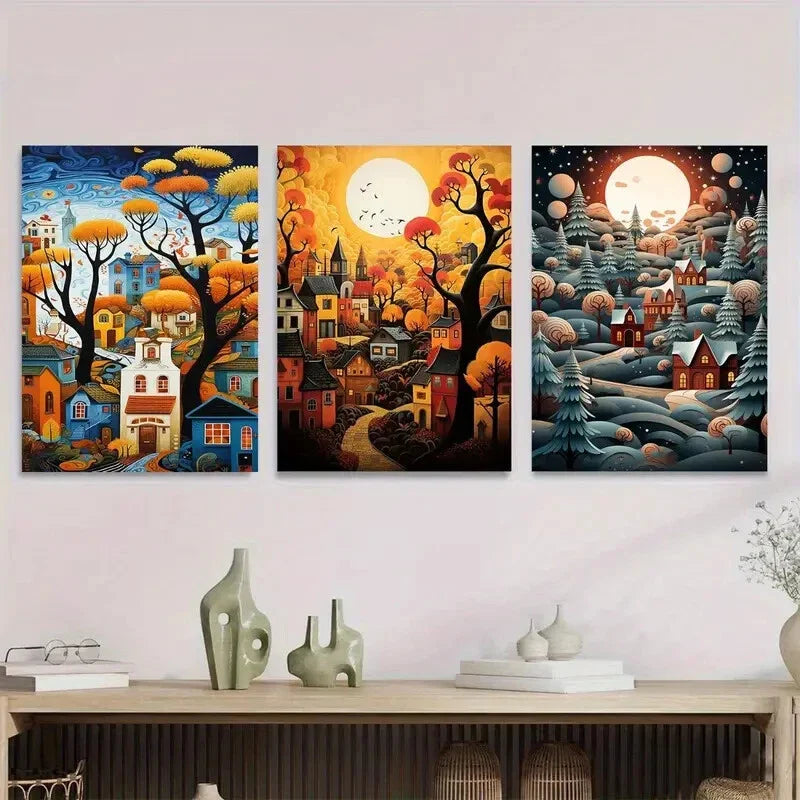 3pcs Autumn Landscape Triptych Colors Metal Print Ready to Hang Art