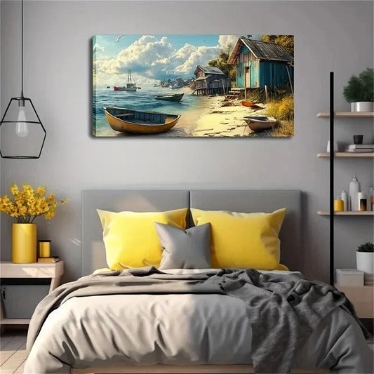 Serene Beach Scene with Wooden Wall Art Canvas Office Home Room Framed 120x60cm