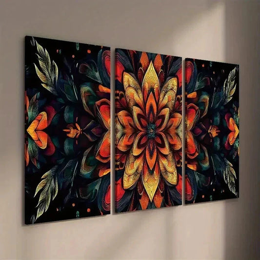 3pcs Mandala Flowers on Black Background Wall Art Set Canvas Framed 40x60cm - High Quality Print 100% Australian Made Wall Canvas Ready to Hang