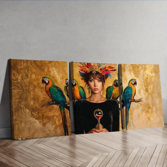3pcs The Queen and the Parrots Perfect Colorful Wall Art Set Canvas Framed 40x60cm - High Quality Print 100% Australian Made Wall Canvas Ready to Hang
