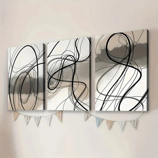 3pcs Black Swirls Gray Elegant Black Lines White Wall Art Set Canvas Framed 40x60cm - High Quality Print 100% Australian Made Wall Canvas Ready to Hang