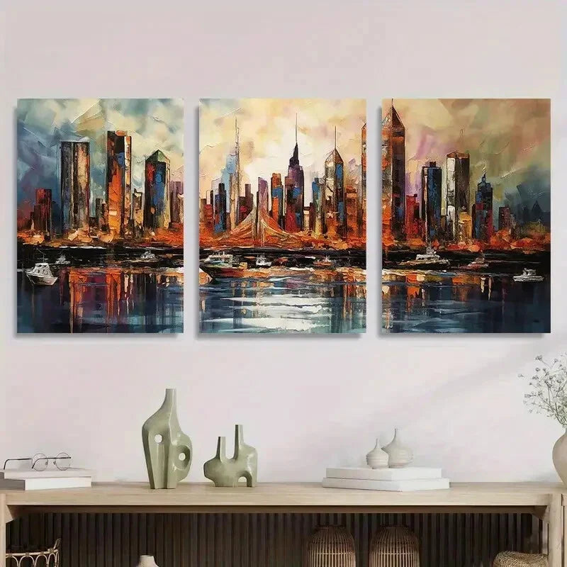 3pcs Vibrant New York Skyline with Bridge Metal Print Ready to Hang Art