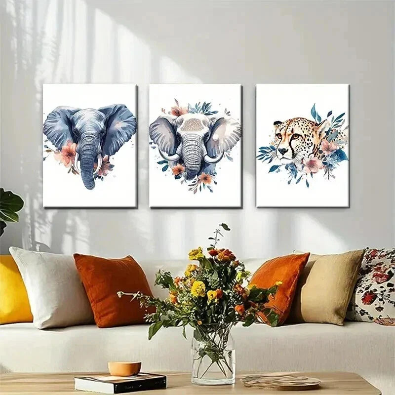 3pcs Elephants and Cheetah with Floral Perfect Wall Art Set Canvas Framed 40x60cm - High Quality Print 100% Australian Made Wall Canvas Ready to Hang