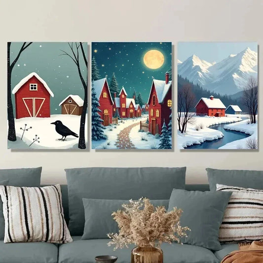 3pcs Cozy Winter Village Snowy Night Scene Wall Art Set Canvas Framed 40x60cm - High Quality Print 100% Australian Made Wall Canvas Ready to Hang
