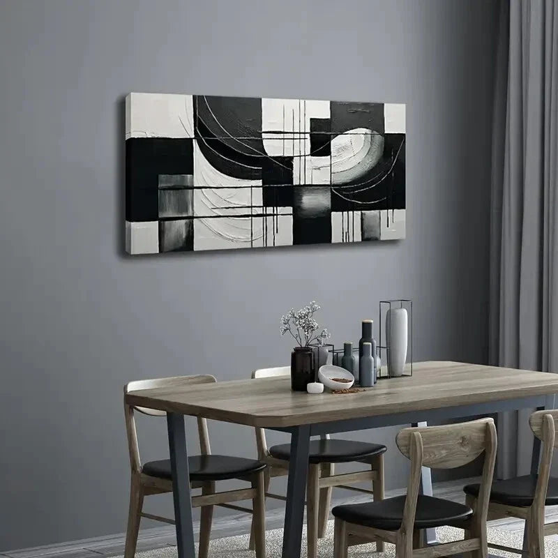 Black And White Abstract Paint Wall Art Canvas Office Home Room Framed 120x60cm