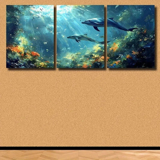 3pcs Vibrant Underwater Dolphin Ocean Scene Wall Art Set Canvas Framed 40x60cm - High Quality Print 100% Australian Made Wall Canvas Ready to Hang