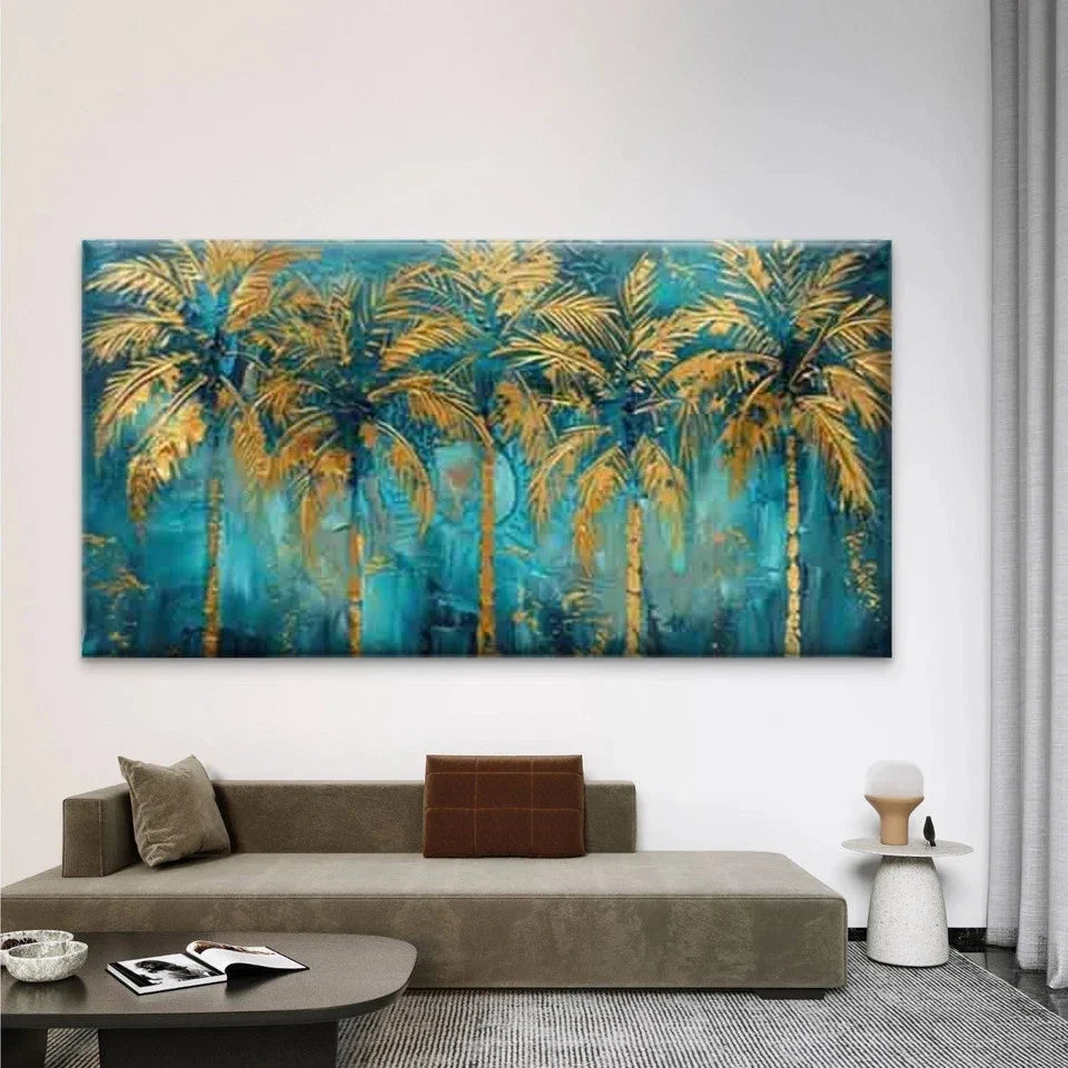 Golden Tropical Palm Tree Wall Art Canvas Office Home Room Framed 120x60cm