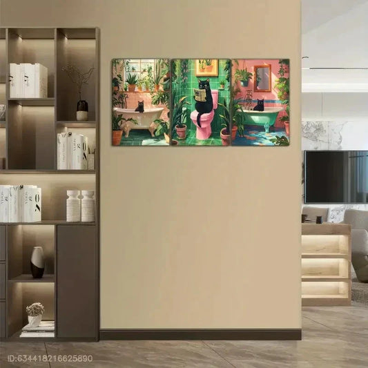 3pcs Playful Black Cat Bathtub with Green PlantMetal Print Ready to Hang Art