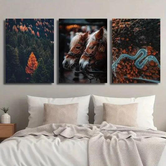 3pcs Dense Forest Horse Animal Trees Road Metal Print Ready to Hang Art