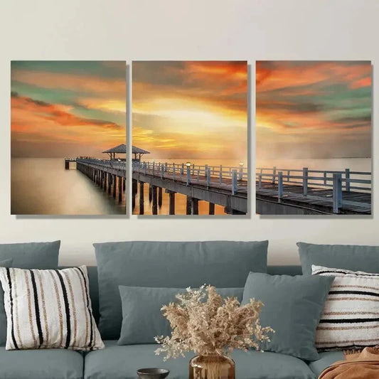 3pcs Sunset Dock Triptych Vibrant Orange Yellow Metal Print Ready to Hang Art