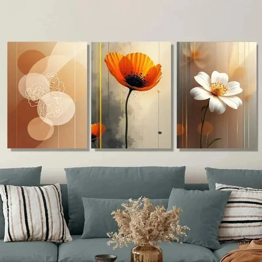 3pcs Abstract Floral Vertical Orange & White Wall Art Set Canvas Framed 40x60cm - High Quality Print 100% Australian Made Wall Canvas Ready to Hang