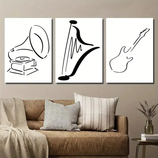 3pcs Gramophone Harp and Guitar Line Music Metal Print Ready to Hang Art