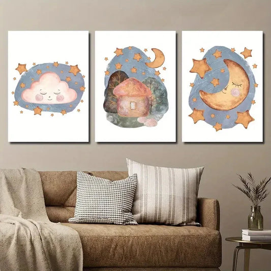 3pcs Watercolor Style Stars Clouds And Star Moon Metal Print Ready to Hang Art